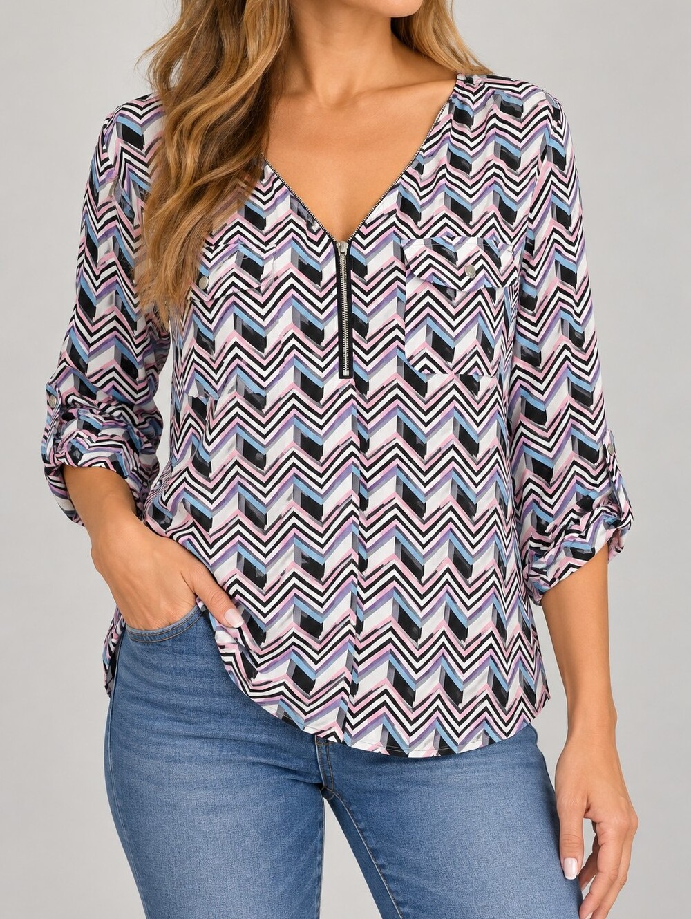 CANDIE'S | Women's Pink Blue Geometric 1/4-Zip Blouse | Size XL